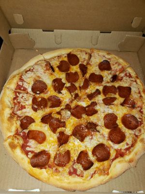 Large pepperoni and Cheese vegan pizza! It's so yummy!!! at New Ethic in Rochester