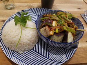 Aubergine spicy with rice at Maison Yang in Munich