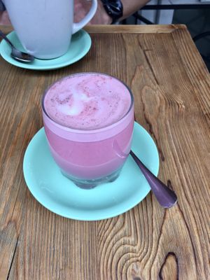 Beetroot latte (almond milk) at Les Filles in London
