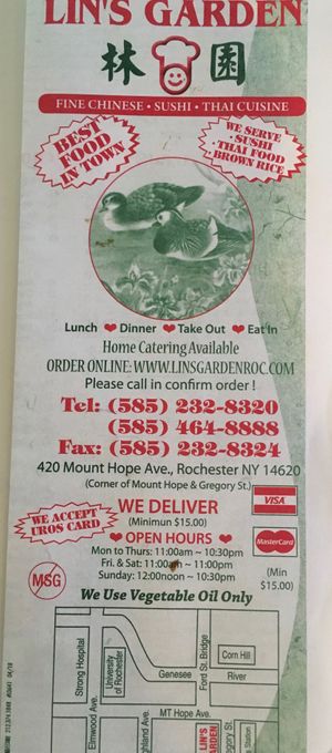 Front of menu at Lin's Garden in Rochester