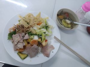 Buffet and sweet and sour soup at Com Chay 33 in Kon Tum