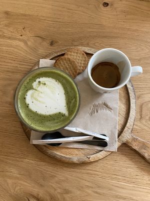 Matcha latte and espresso  at YB by Yoghurt Barn in The Hague