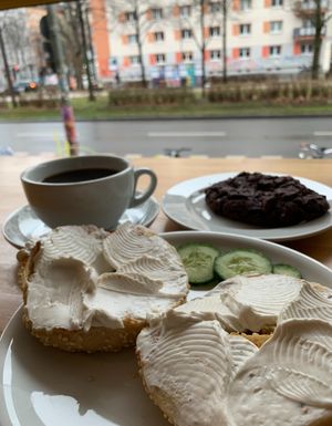 Bagel pairs best with a coffee and a choc cookie at Fine Bagels @ Shakespeare and Sons in Berlin