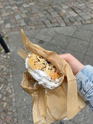 Everything Bagel with Vegan Cream Cheese  at Fine Bagels @ Shakespeare and Sons in Berlin