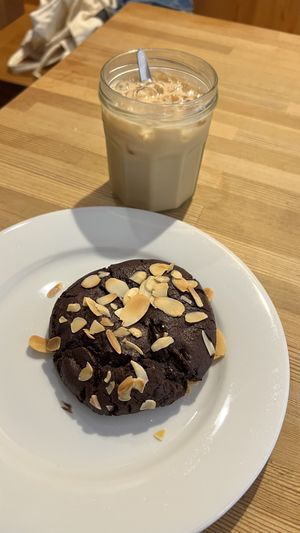 Chocolate Cookie + Iced Chai Latte.  at Fine Bagels @ Shakespeare and Sons in Berlin