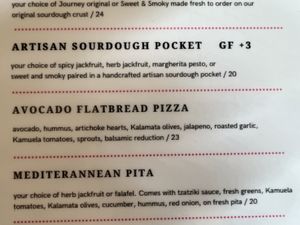 Avocado flatbread ingredients   at Journey Cafe in Kailua Kona