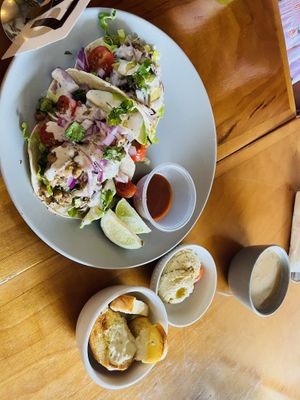 Herbed jackfruit tacos, hummus  at Journey Cafe in Kailua Kona