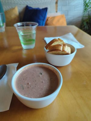 Tomato Basil Soup muy bonito. at Journey Cafe in Kailua Kona