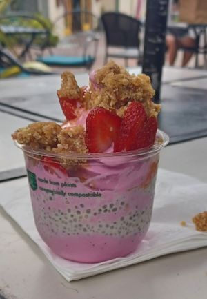 Dragonflies and strawberry soft serve with chia pudding, strawberries and date pie crust at Journey Cafe in Kailua Kona