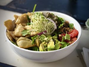 Ultimate Taco Salad with homemade tortilla chips  at Journey Cafe in Kailua Kona