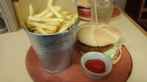 Chicken burger and fries at VBites in Brighton