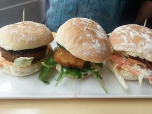 Three bites - 3 different vegan burgers with fries at vbites at VBites in Brighton