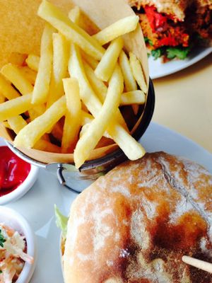 Burger and French fries at Vbites  at VBites in Brighton