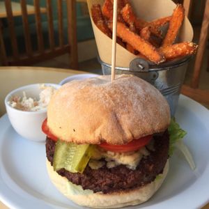 Vbeefy burger with sweet potato chips and coleslaw   at VBites in Brighton
