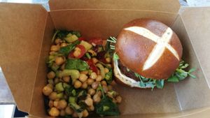Coastal burger with chickpea salad at Larry's Market in North Vancouver