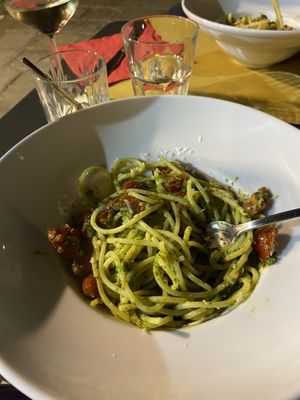 Celery pesto spaghetti and tomatoes   at Osteria Pan e Ogio in Venice