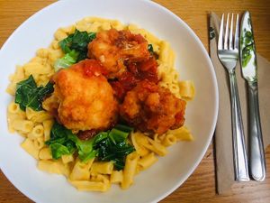 Buffalo cauliflower with vegan macaroni cheese and greens  at Lovage Project in South West London