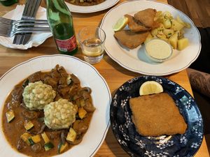 Mushroom goulash with bread dumplings & seitan schnitzel   at Landia in Vienna