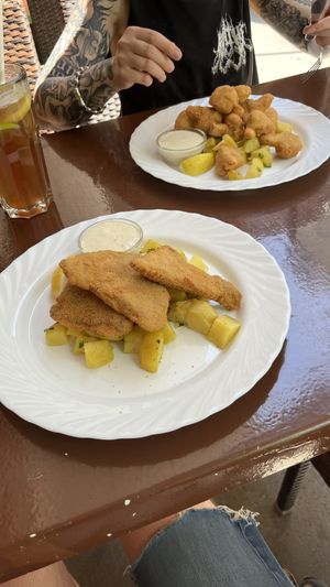 Schnizel and champions (fried mushrooms)  at Landia in Vienna