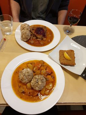 Kürbisgulasch, Mini-Schnitzel, Ragout, Rotwein. 🥰 at Landia in Vienna