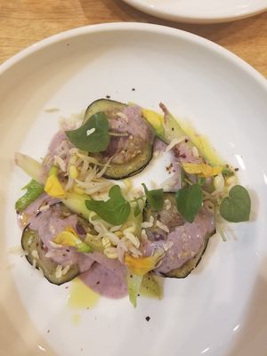 Delicious vegan gluten free potato ravioli with aubergine shells. Yum! at JOMNO Modern Khmer Cuisine  in Siem Reap