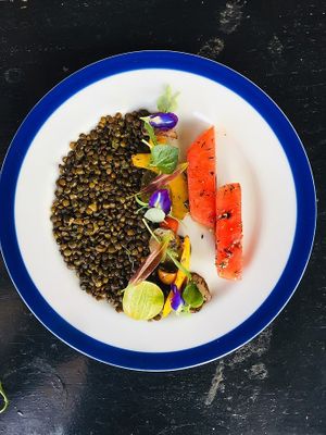 Vegan Tuna with braise lentil & mustard dressing, roasted herbs vegetables, basil oil  at JOMNO Modern Khmer Cuisine  in Siem Reap
