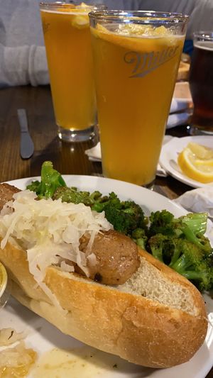 vegan bratwurst on a roll with veggies. delicious beer too at The Troll Tavern in Helen