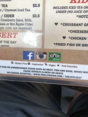 Menu at The Troll Tavern in Helen
