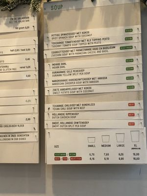 Menu with veggie and vegan options clearly labeled   at Soup En Zo - Jodenbreestraat in Amsterdam