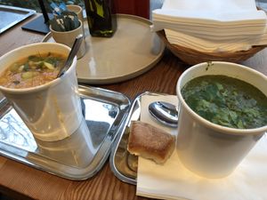 Surinam yellow split pea soup and spicy spinach soup with coconut  at Soup En Zo - Jodenbreestraat in Amsterdam