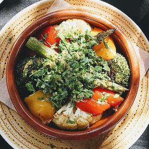 Mediterranean Vegetables with salsa verde (vegan)  at Tapas Ibiza. La Finca Escondida in Ibiza