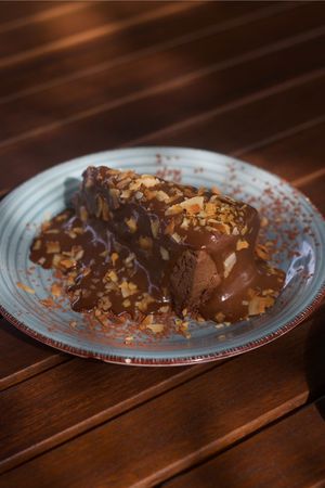 Chocolate, Coconut & Orange Torte (vegan)  at Tapas Ibiza. La Finca Escondida in Ibiza