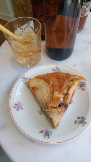 Chocolate and peer cake, lemon beverage at La Cuisine de Phanie in Versailles