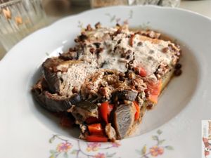 Sun-ripened vegetable gratin with green lentils and potatoes, eggplant, zucchini, tomato, bell pepper, and onions) at La Cuisine de Phanie in Versailles