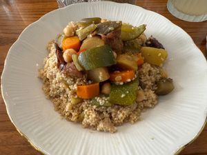 Vegetable couscous with chickpeas and wholemeal semolina (eggplant, zucchini, carrot, turnip, pepper, onion, prunes) at La Cuisine de Phanie in Versailles