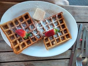 Vegan waffles at Helgas Pancake House in Cairns