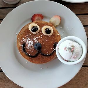 Kids veganised puppy pancakes. at Helgas Pancake House in Cairns