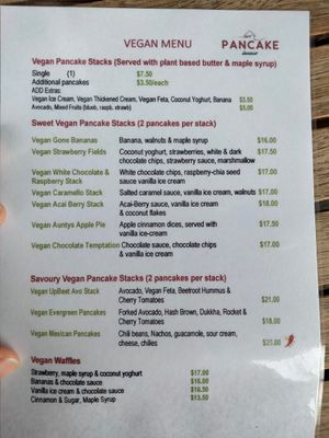Vegan menu at Helgas Pancake House in Cairns