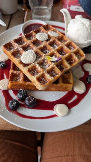 Blueberry waffles at Helgas Pancake House in Cairns