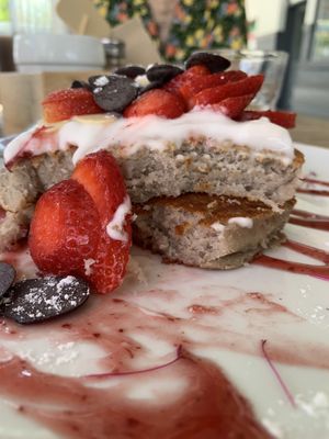 Strawberry pancakes, very fluffy at Helgas Pancake House in Cairns