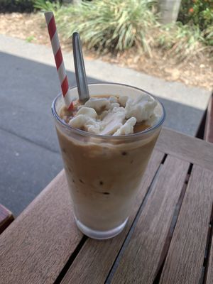Iced coffee with vegan ice cream at Helgas Pancake House in Cairns