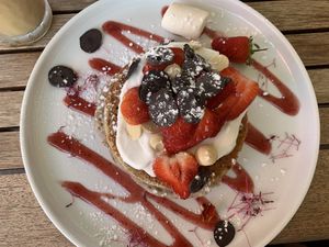 Strawberry Fields Vegan pancakes  at Helgas Pancake House in Cairns