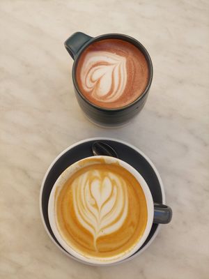 Hot oat milk chocolate and oat cappucino. at Café Tulipe in Avignon