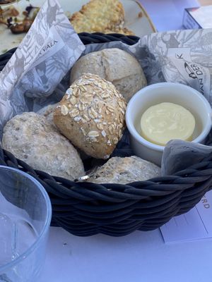 Bread served with the salad, here with non vegan butter because of non vegans at my table. at Van der Valk in Goes