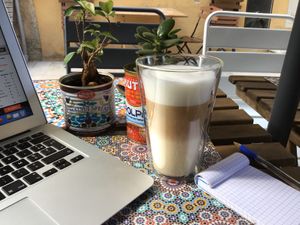Oat milk latte macchiato at Little Green Cafe in Valbonne