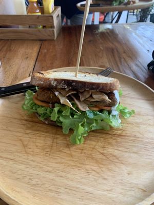 White sourdough with vegan sausage and bacon  at Nui Bakery in Koh Tao