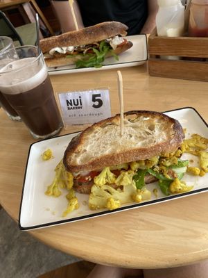 Roasted cauliflower sandwiches, vegan + vegan iced chocolate   at Nui Bakery in Koh Tao