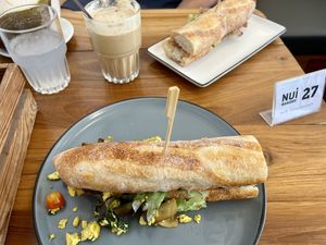 Both sandwiches, coffee & coconut water   at Nui Bakery in Koh Tao