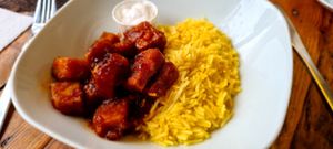 Sticky tofu with rice and dip at Guilt Free Pleasures in Hucknall