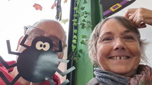 Us messing about with the Halloween decorations at Guilt Free Pleasures in Hucknall